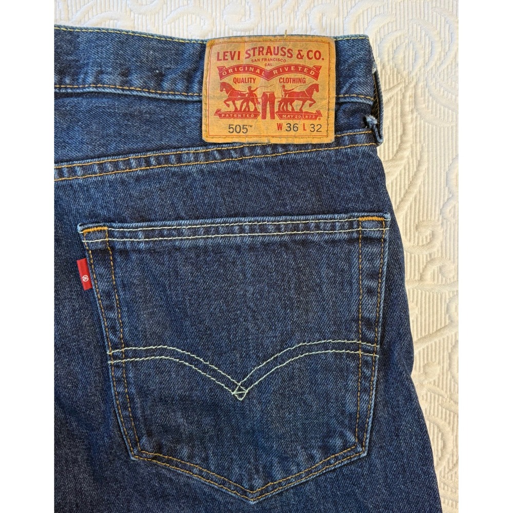 Levis 505 Regular Fit Mens Jeans Dark Wash Straight Leg Mid Rise Denim 36x32